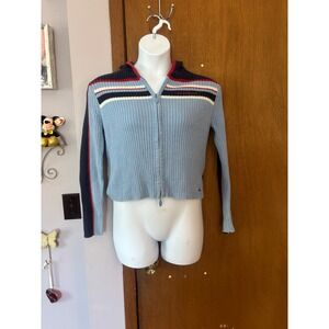 Y2K Mudd Sweater Womens Blue Ribbed Zip Up Hoodie Striped Trim Casual Size XL